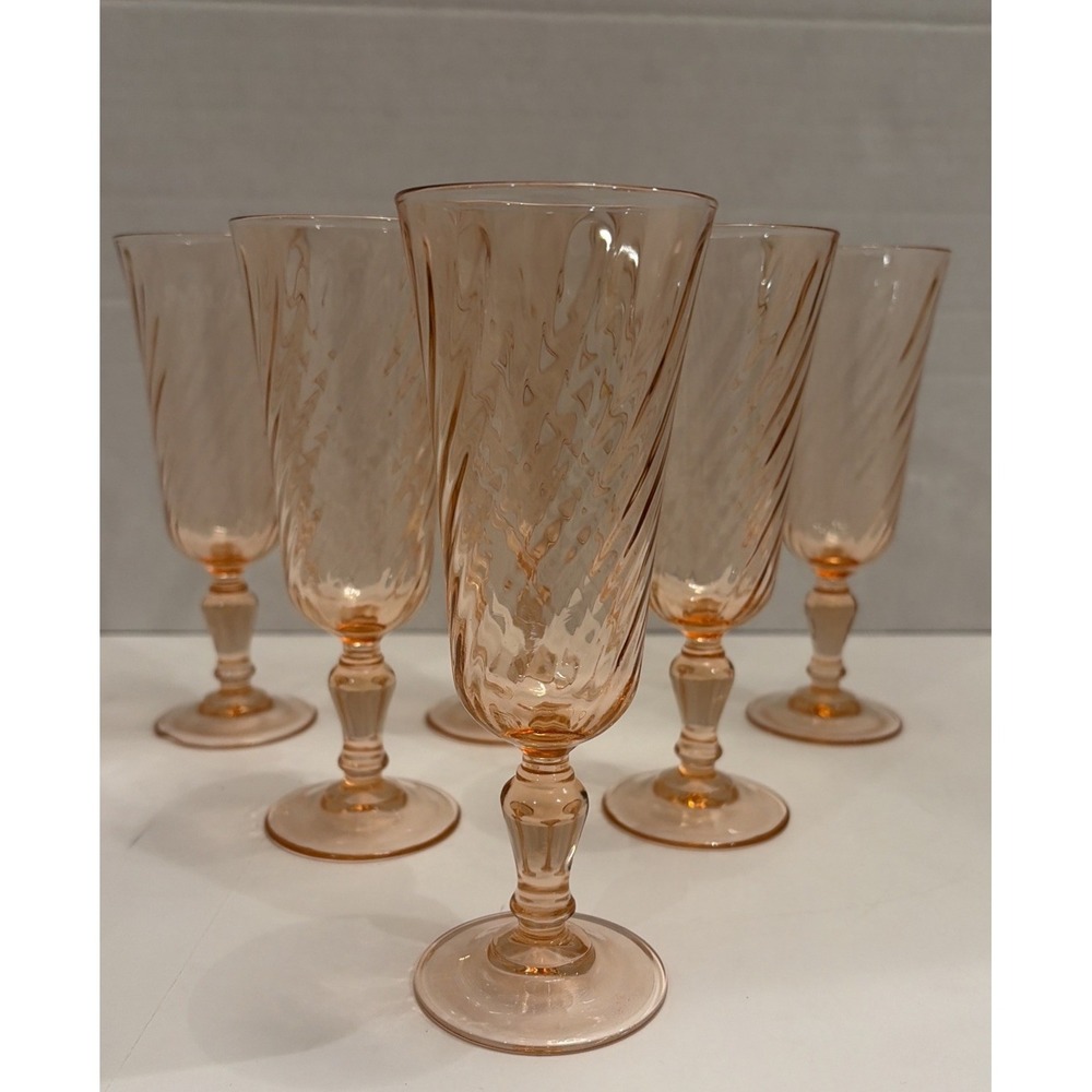 6 Optic Pink Rosaline Champagne Flutes 6.5" Luminarc Arcoroc Set France Vintage